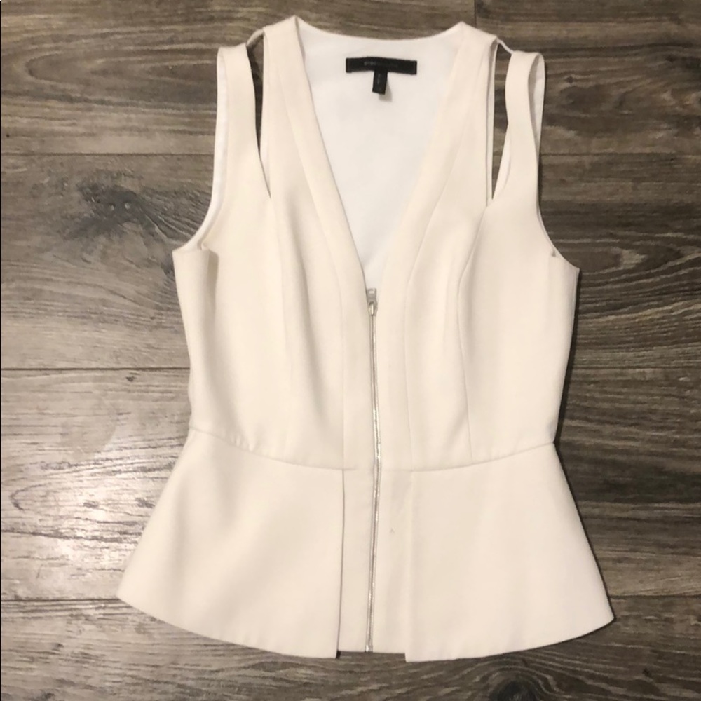 Bcbg white zipper front with cutouts top